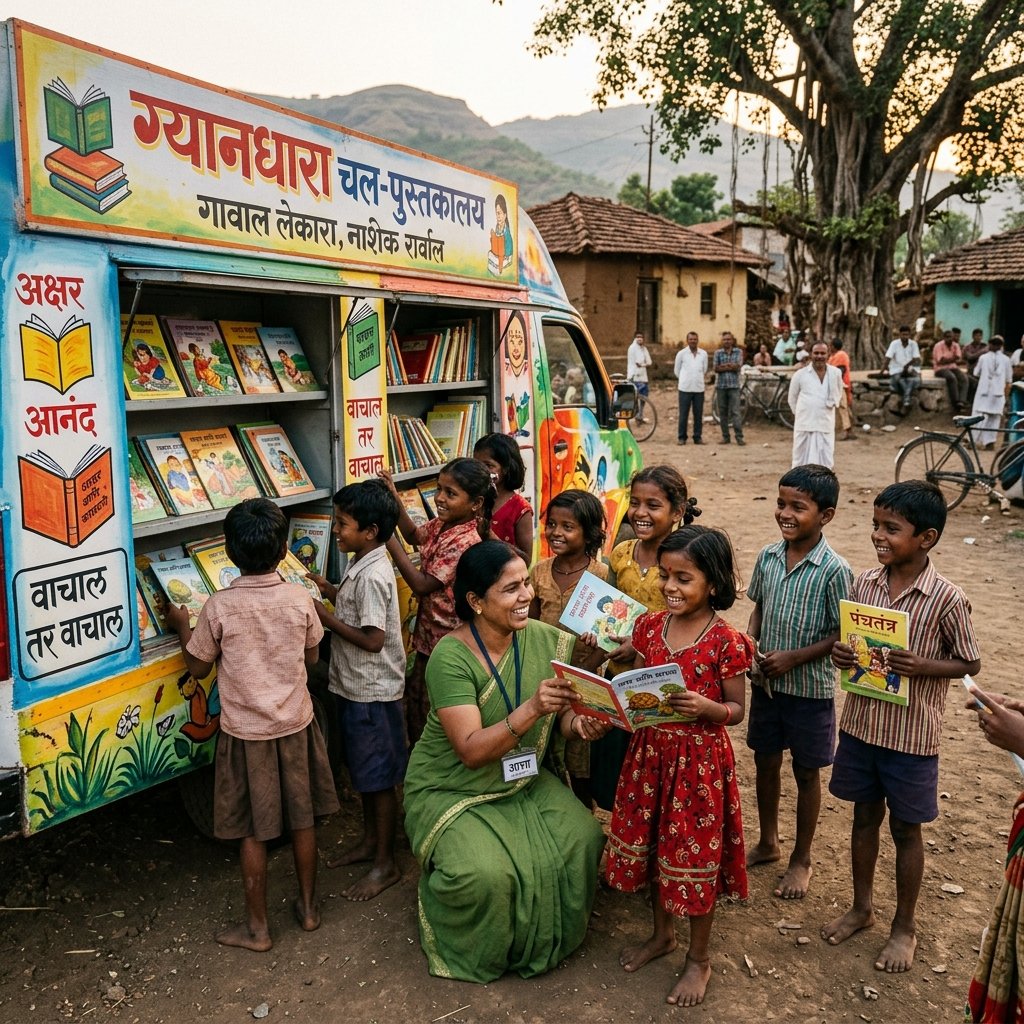 GyanDhara mobile book library van introducing story hour in rural Nashik squares.
