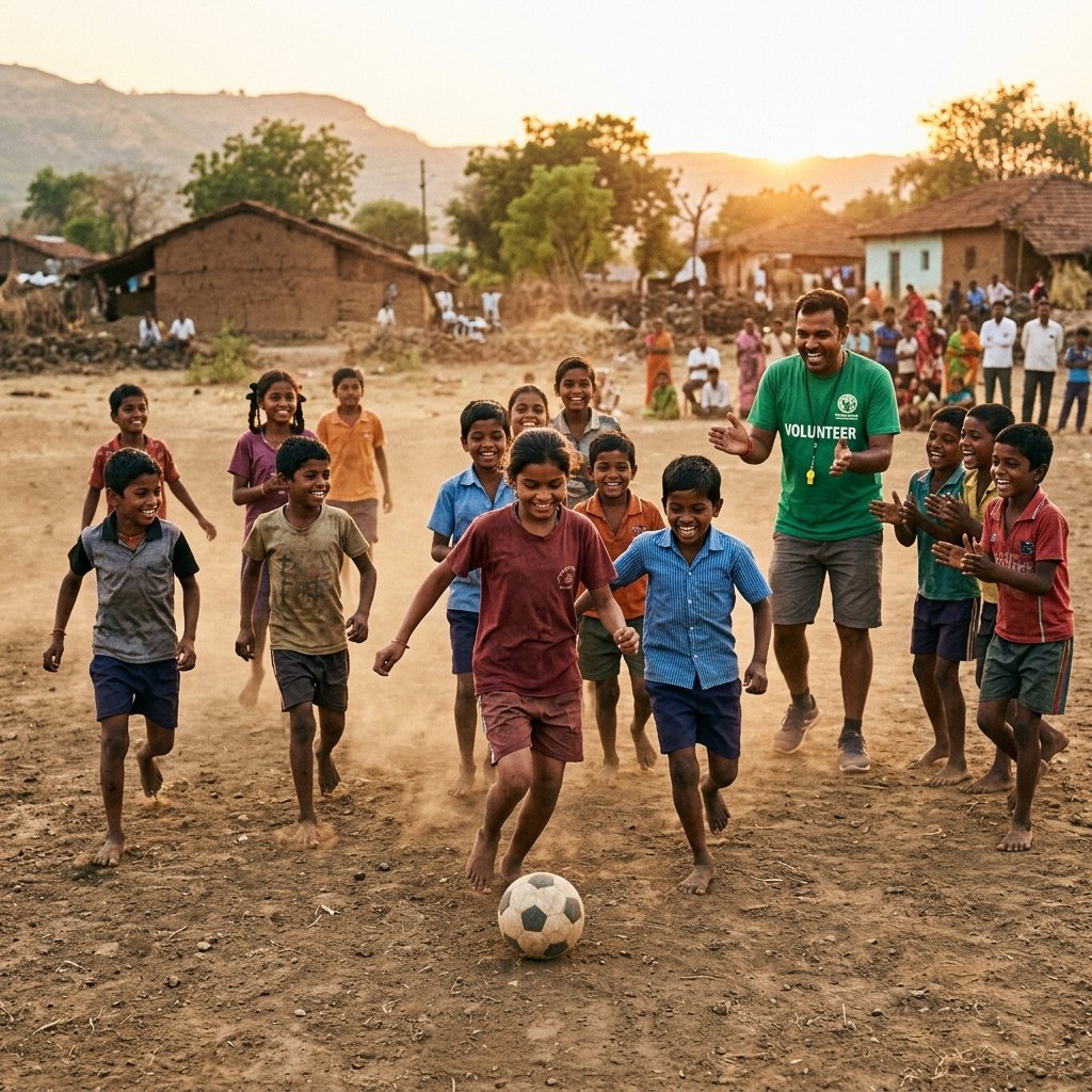 Local inter-village soccer training program empowering children under warm evening suns.